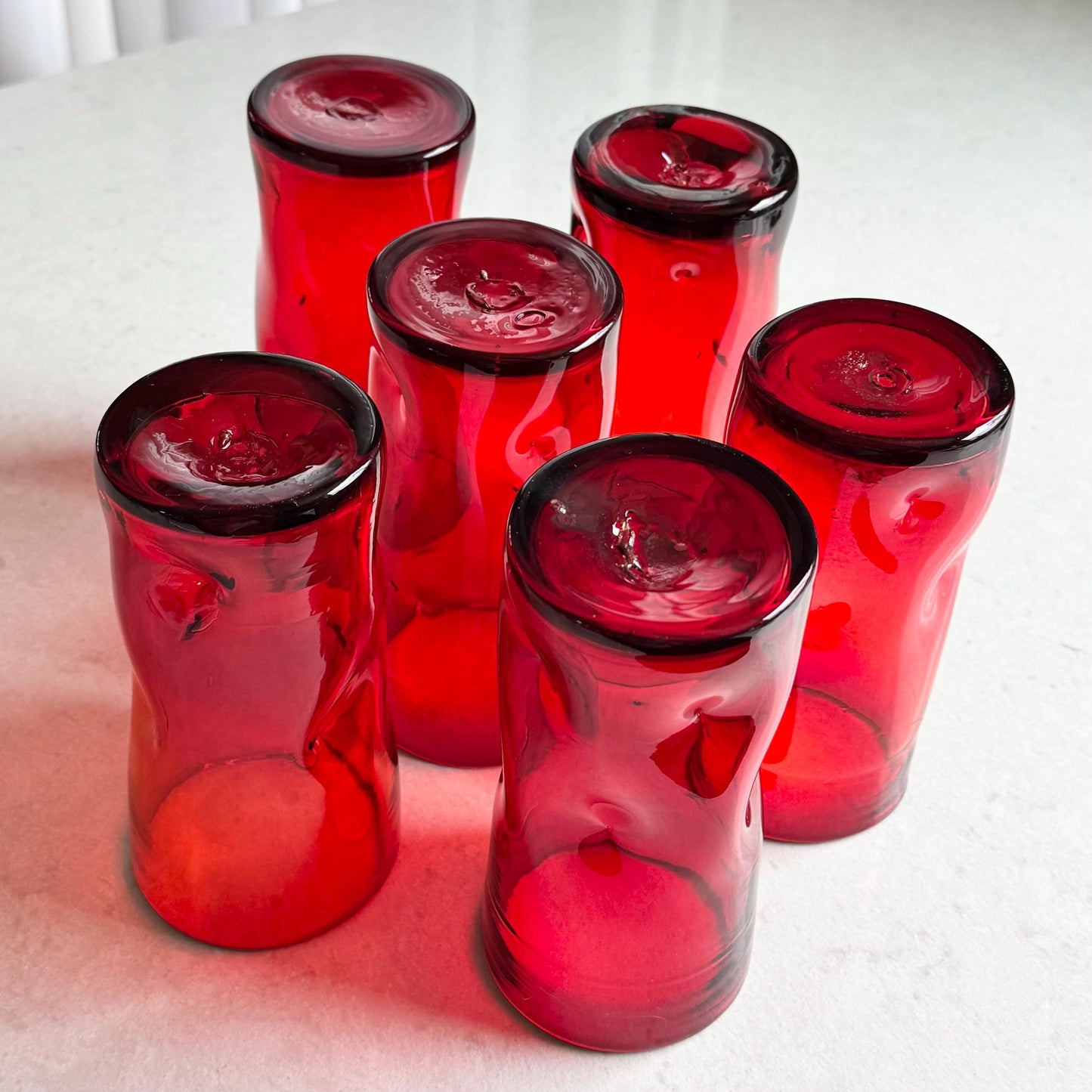 Vintage Blenko Hand Blown Red Pinched Tumblers - Set of 6