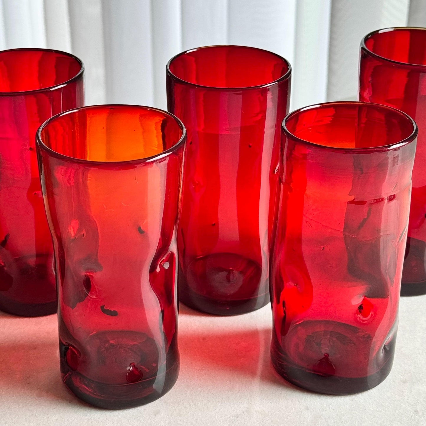 Vintage Blenko Hand Blown Red Pinched Tumblers - Set of 6