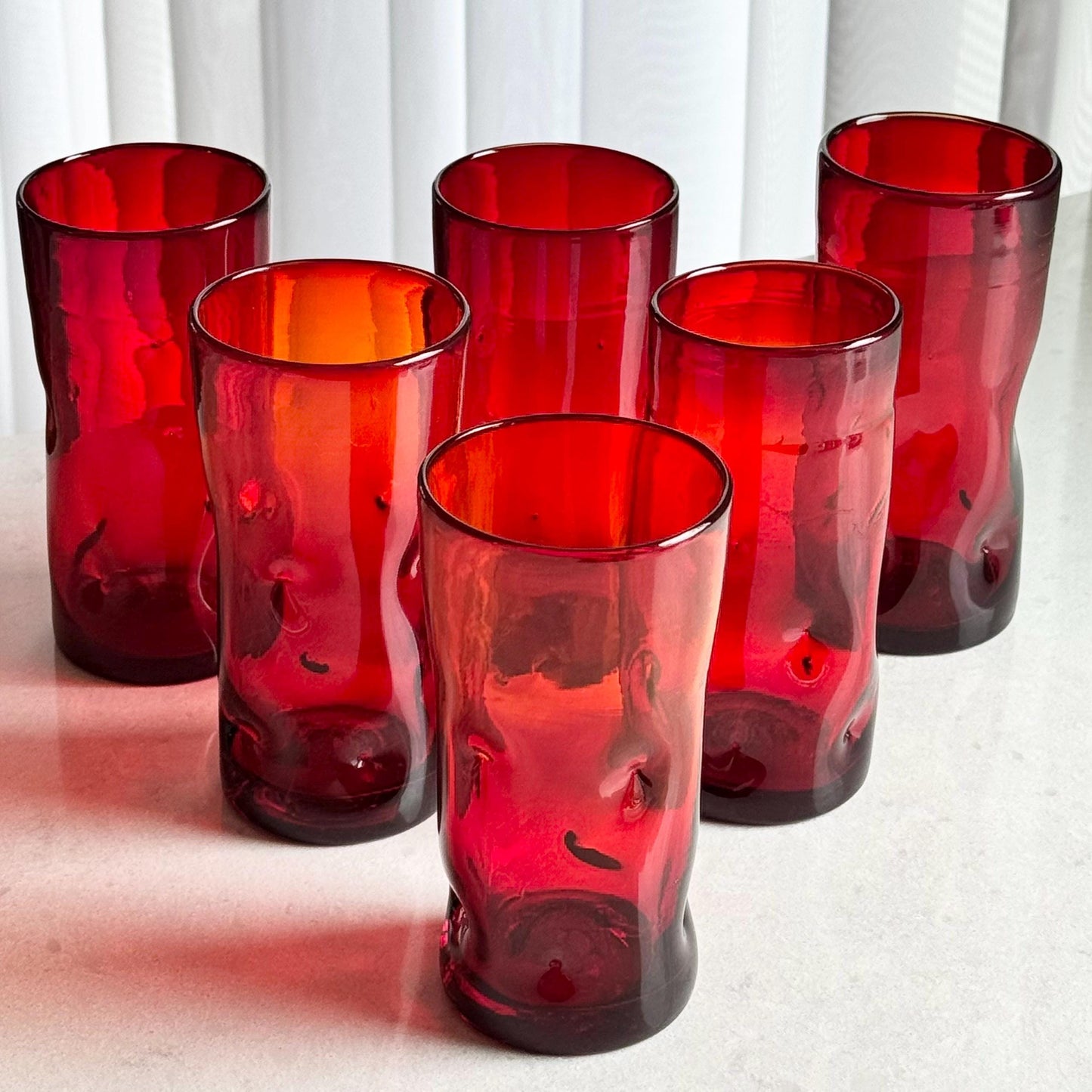 Vintage Blenko Hand Blown Red Pinched Tumblers - Set of 6