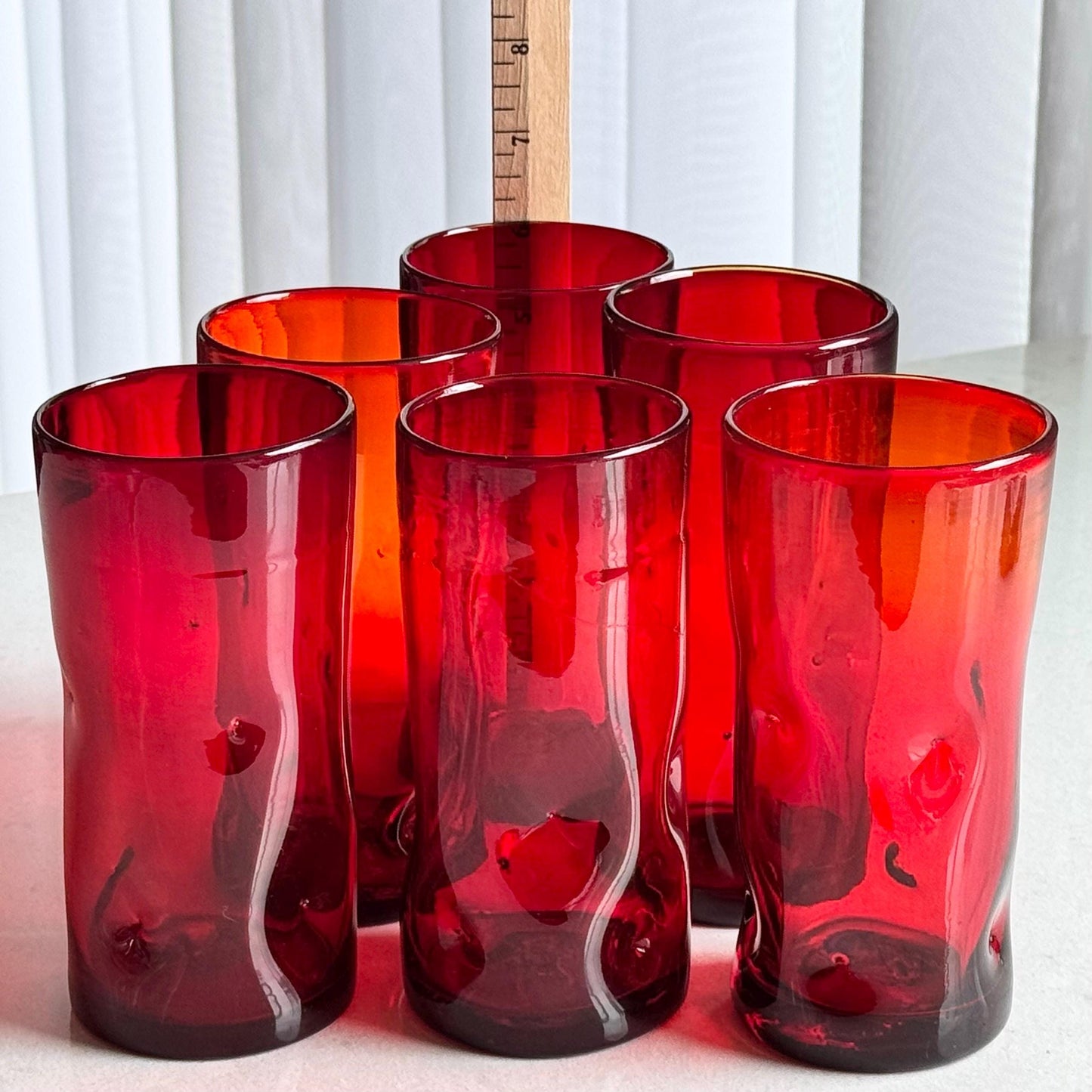 Vintage Blenko Hand Blown Red Pinched Tumblers - Set of 6