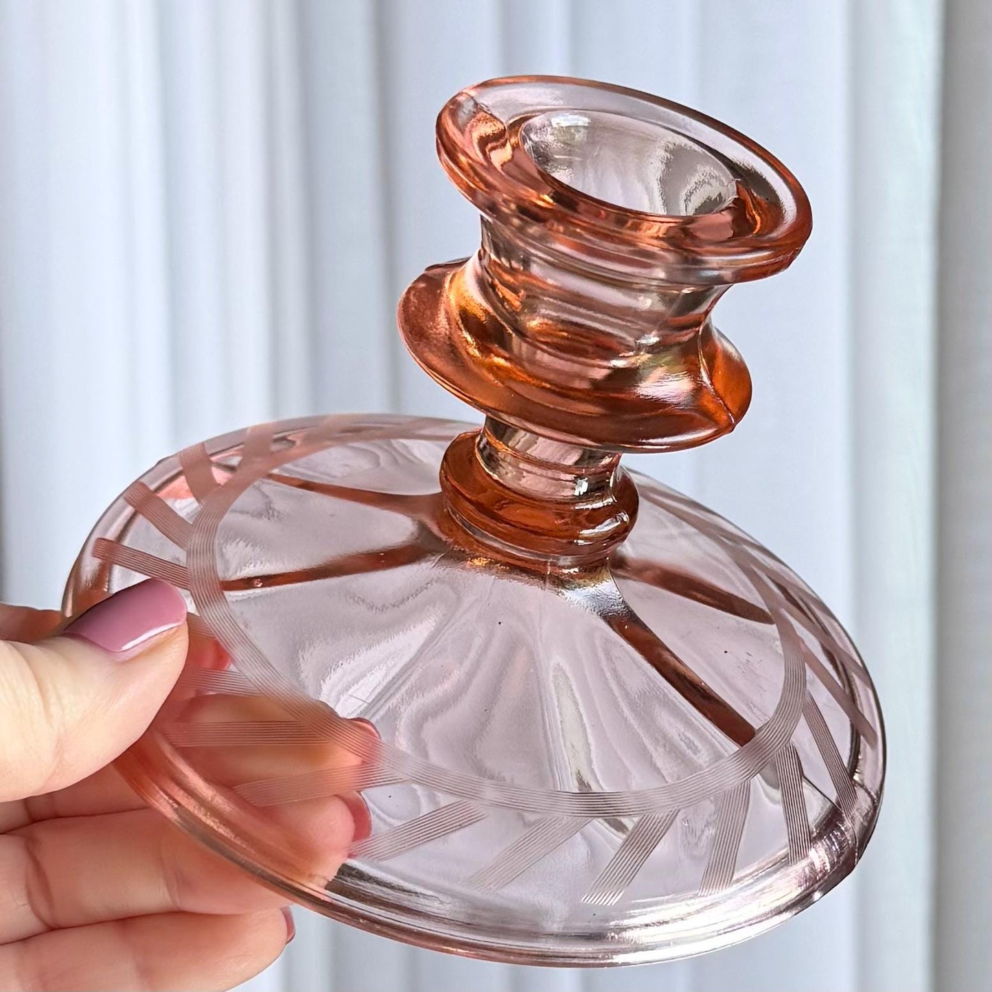 Vintage Pink Etched Candle Holders - Set of 2