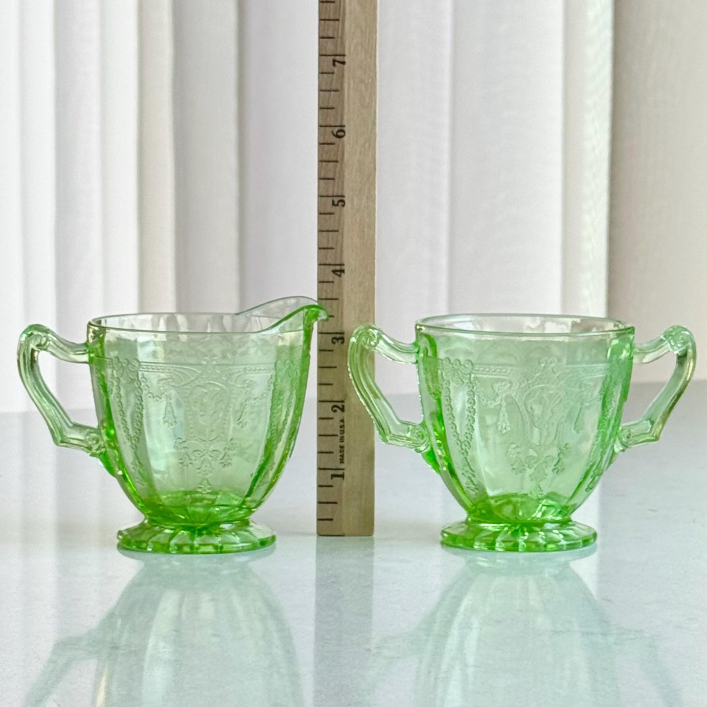 Vintage Anchor Hocking Cameo Dancing Ballerina Uranium Green Sugar and Creamer Set - circa 1930-1934