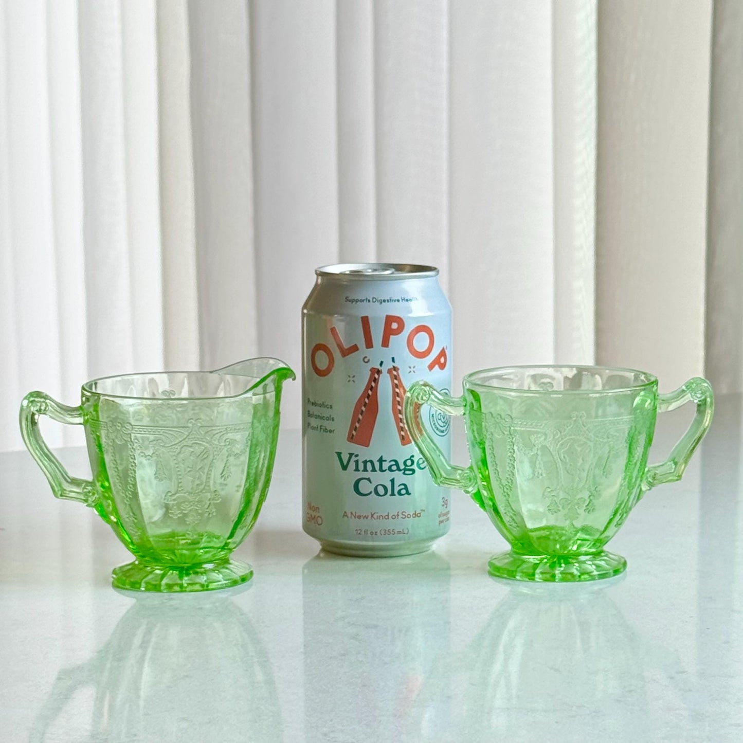 Vintage Anchor Hocking Cameo Dancing Ballerina Uranium Green Sugar and Creamer Set - circa 1930-1934