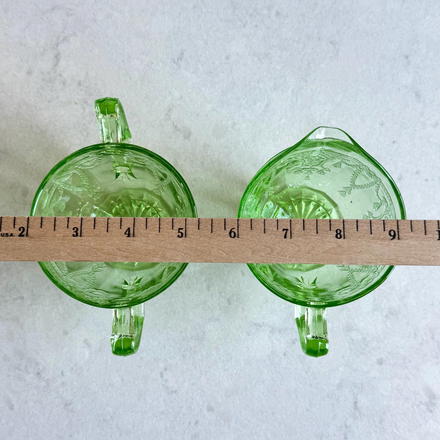 Vintage Anchor Hocking Cameo Dancing Ballerina Uranium Green Sugar and Creamer Set - circa 1930-1934