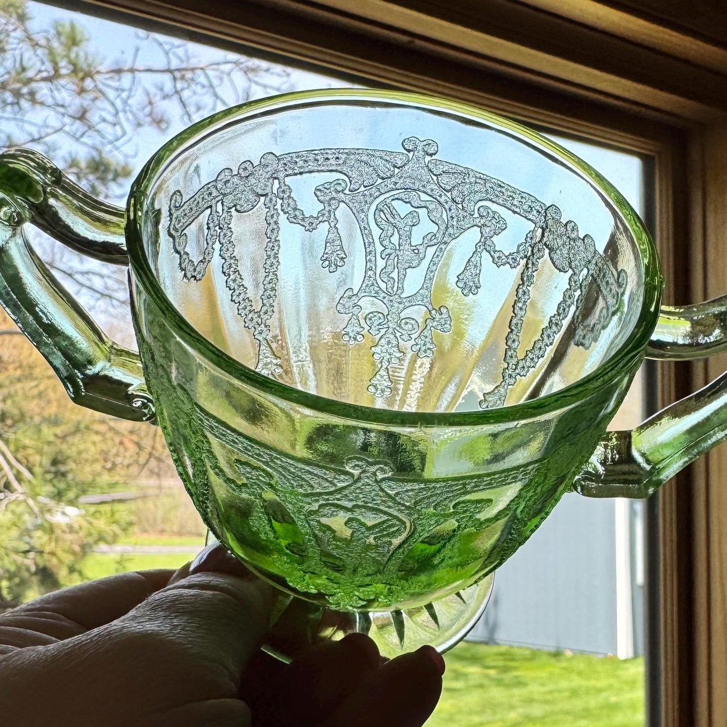 Vintage Anchor Hocking Cameo Dancing Ballerina Uranium Green Sugar and Creamer Set - circa 1930-1934