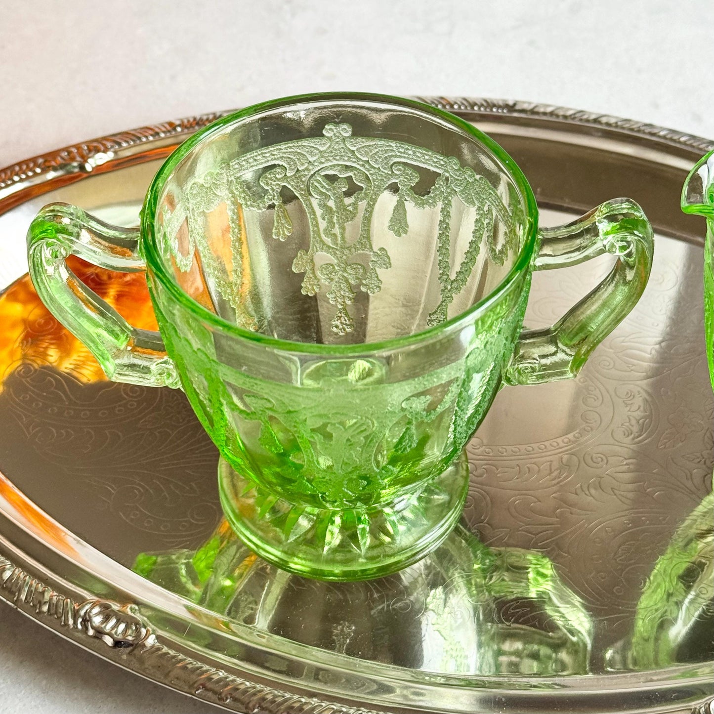 Vintage Anchor Hocking Cameo Dancing Ballerina Uranium Green Sugar and Creamer Set - circa 1930-1934