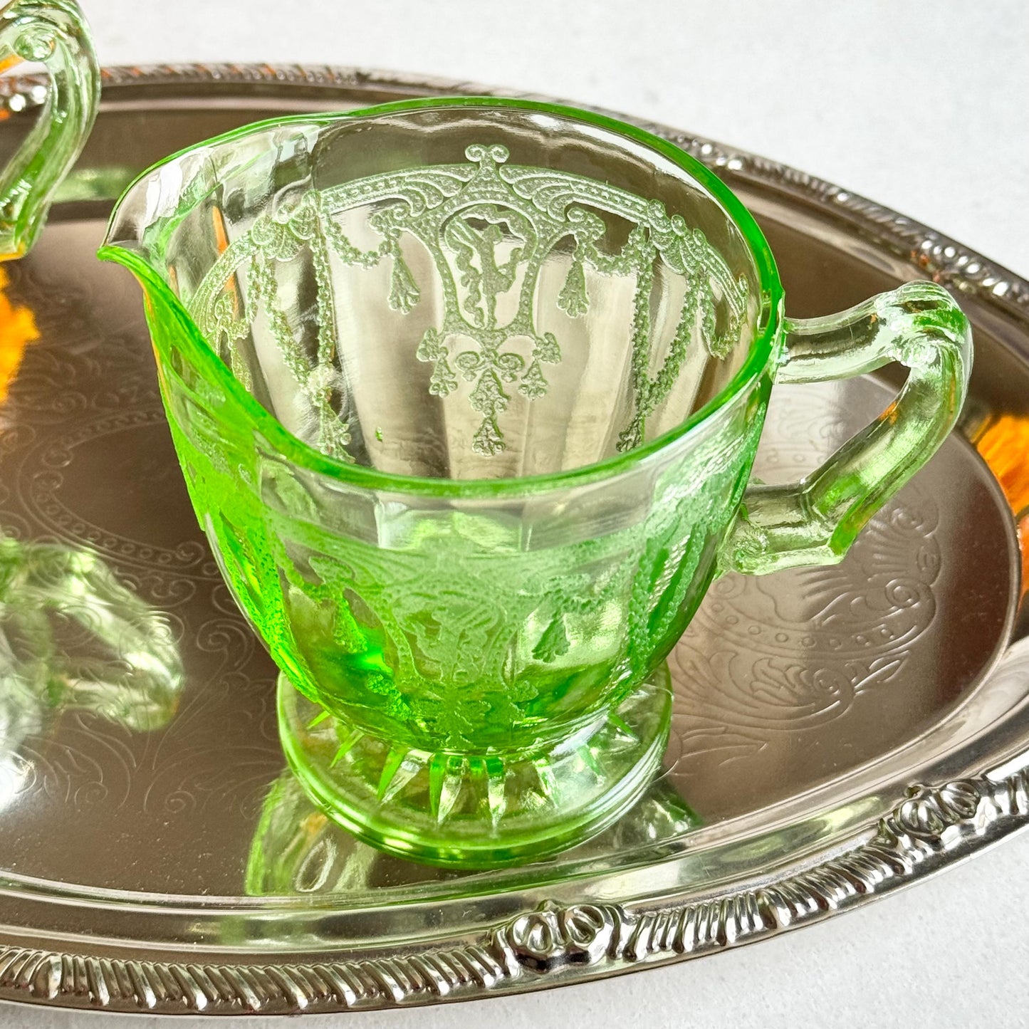 Vintage Anchor Hocking Cameo Dancing Ballerina Uranium Green Sugar and Creamer Set - circa 1930-1934