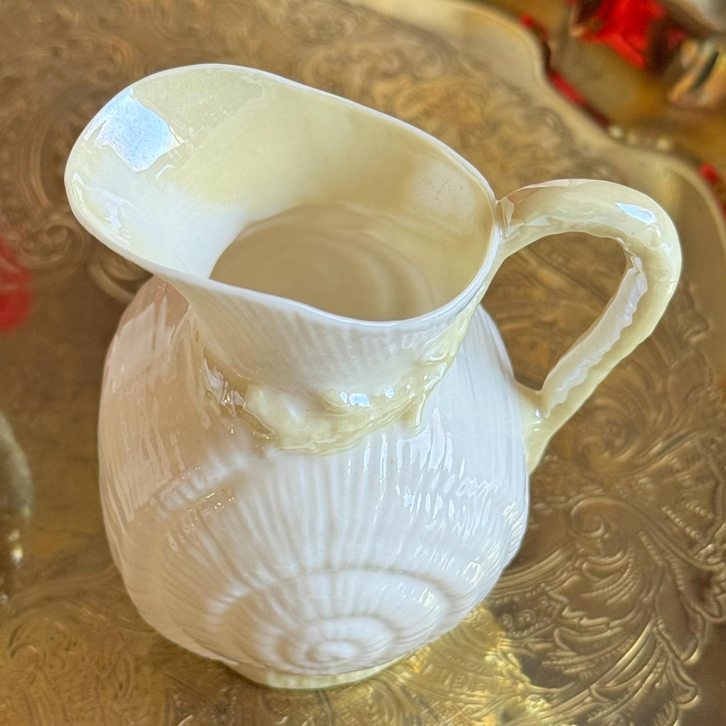 Vintage Belleek Iridescent Toy Shell Yellow Accent Sugar and Creamer Set (circa 1946 - 1955)