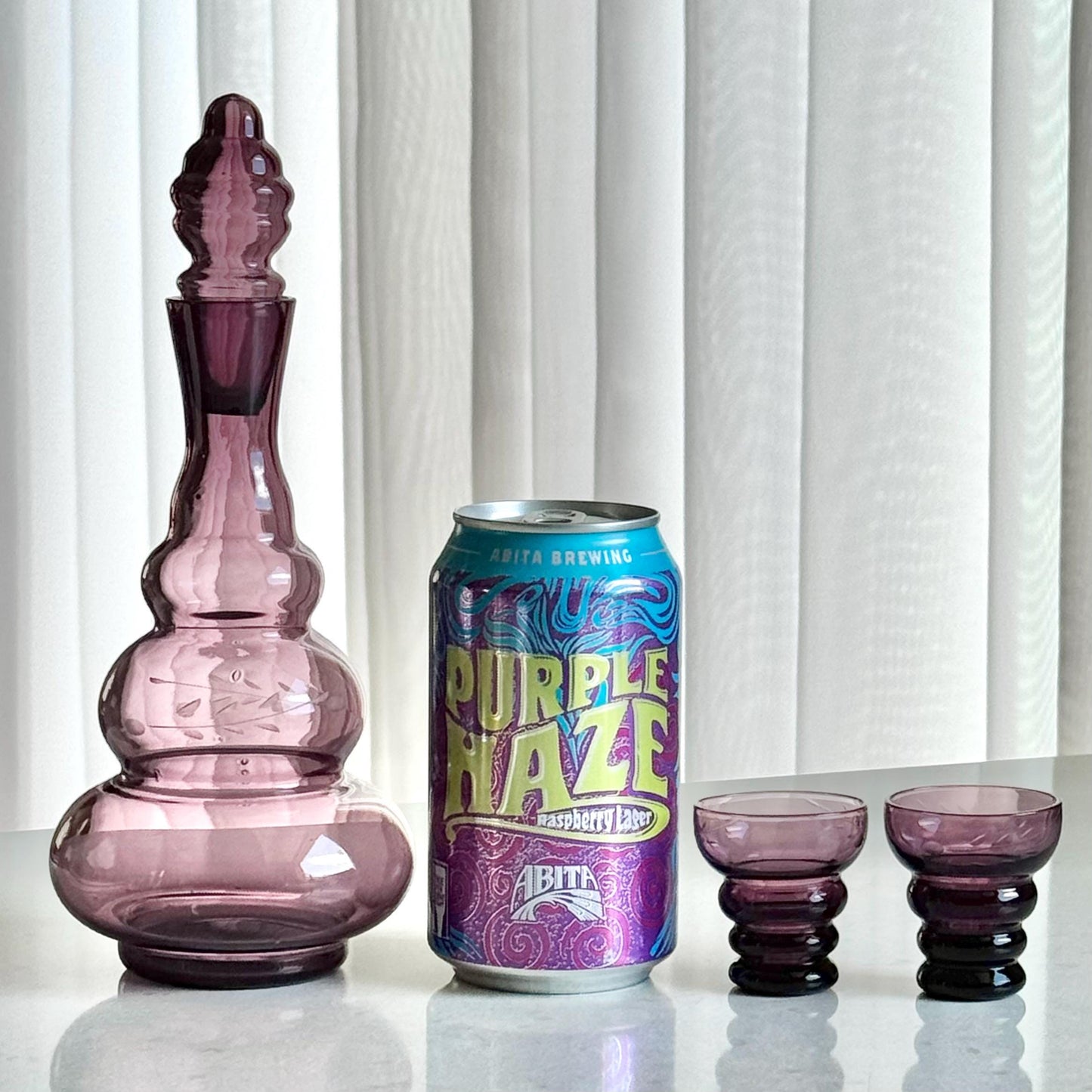 Vintage Amethyst Purple Decanter Set with Two Glasses