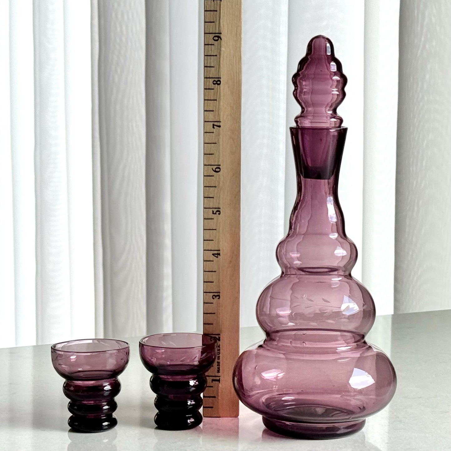 Vintage Amethyst Purple Decanter Set with Two Glasses