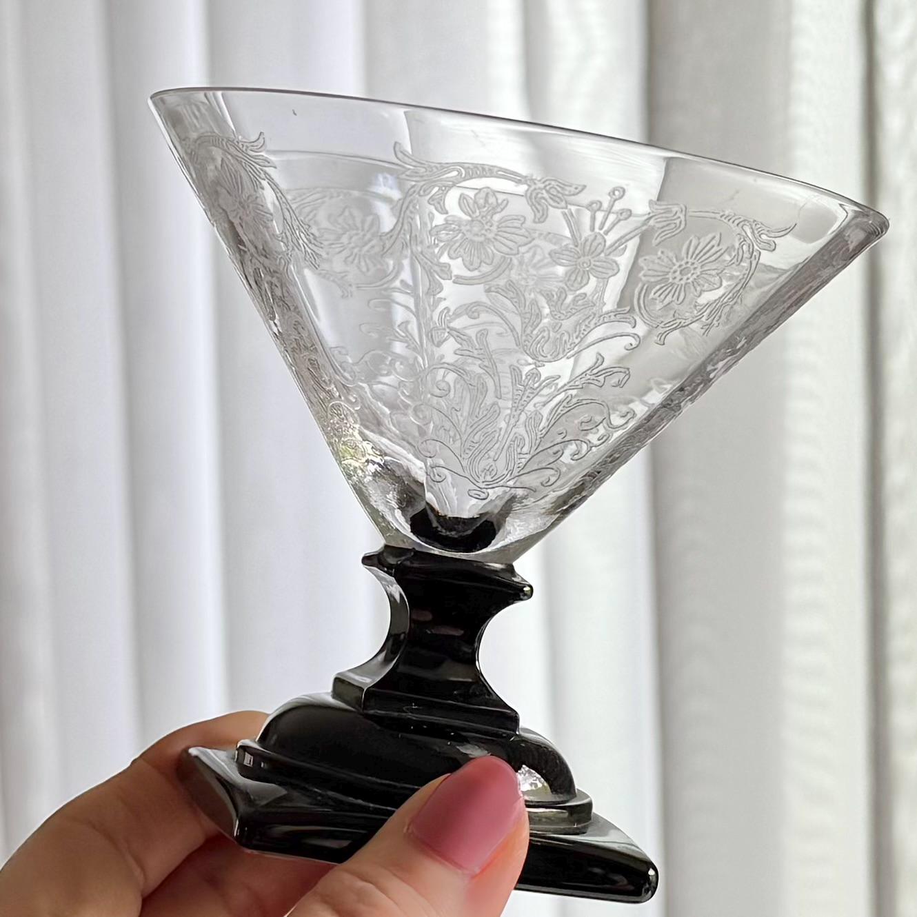 Vintage Glastonbury Lotus Etched Square Onyx Black Stem Glasses - Set of 2