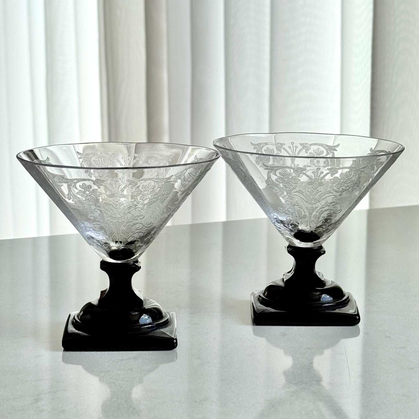 Vintage Glastonbury Lotus Etched Square Onyx Black Stem Glasses - Set of 2