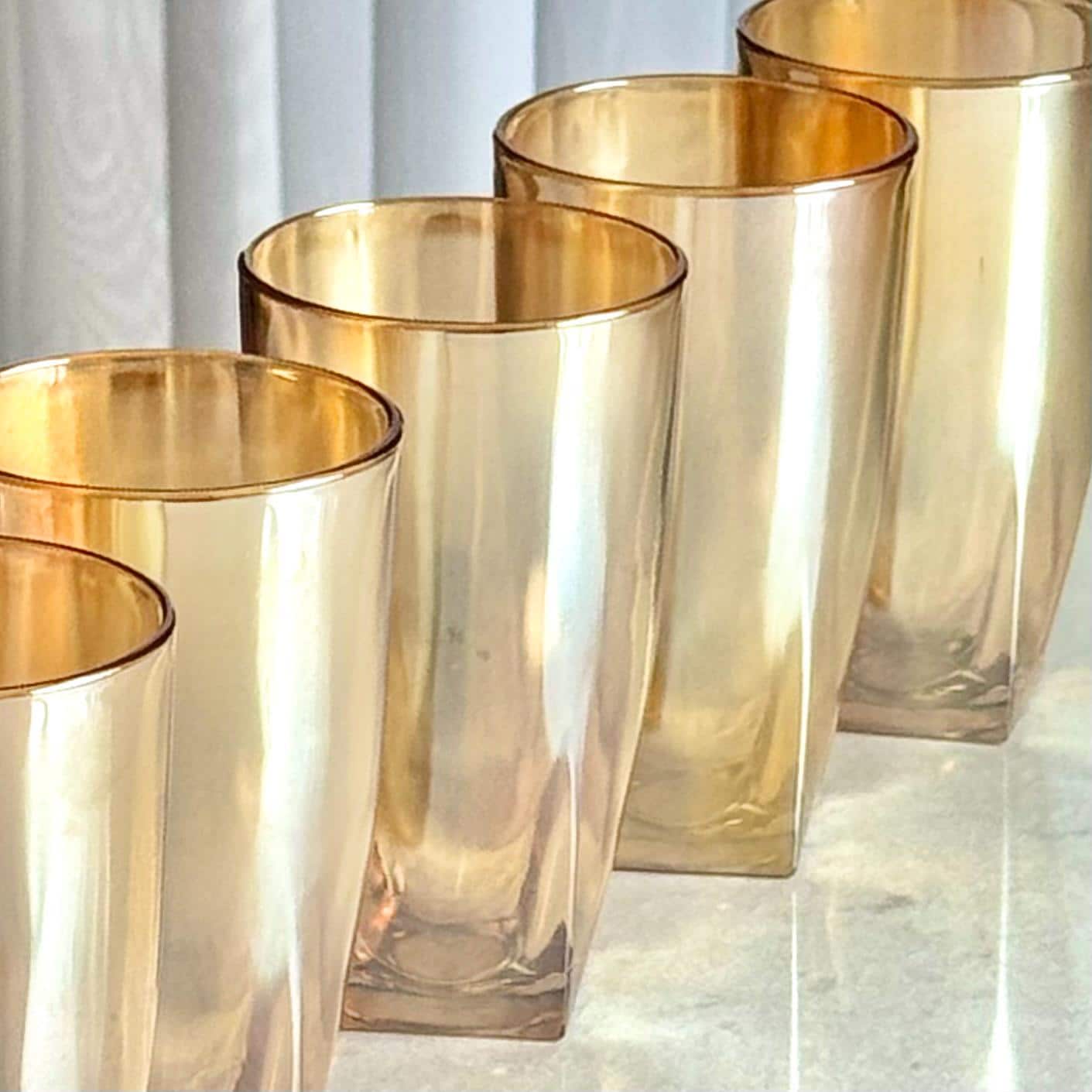 Vintage Jeannette Glass Iridescent Marigold Square Base Tumblers - Set of 6