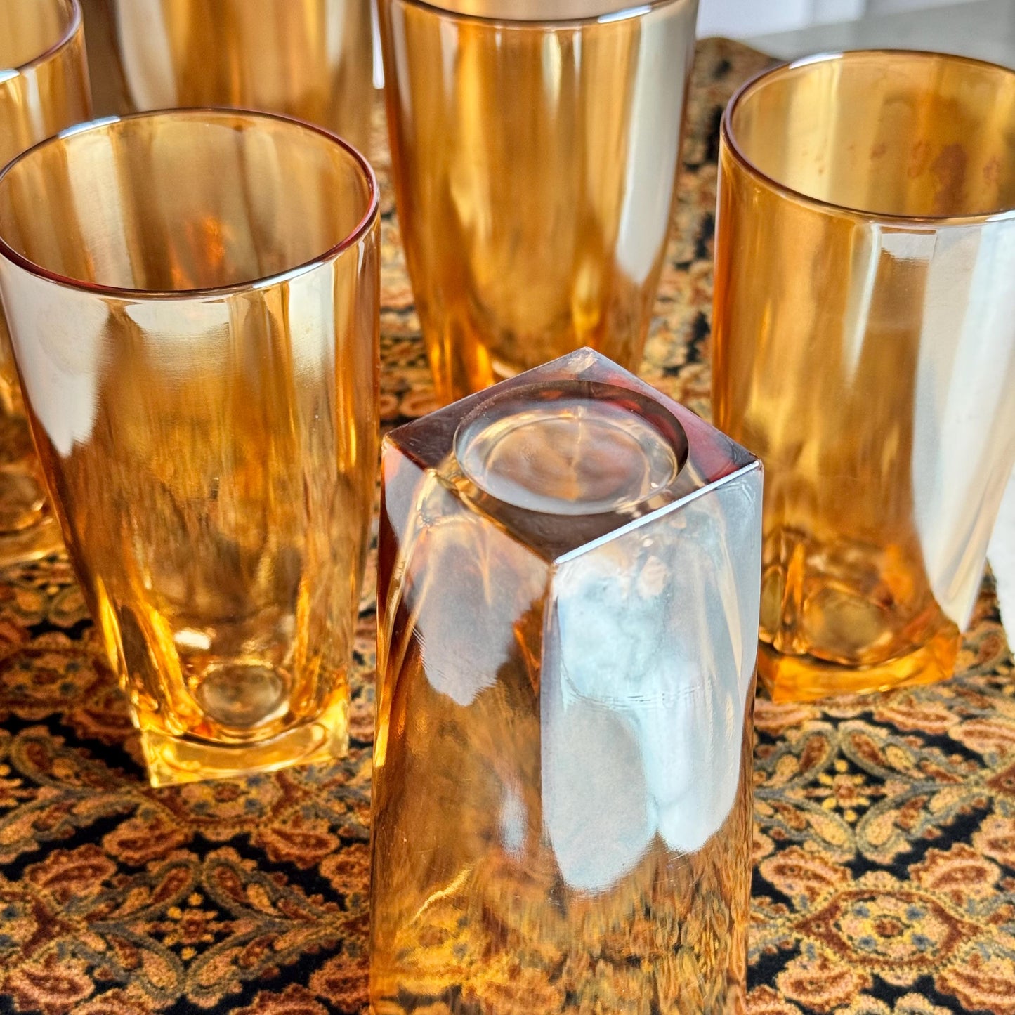 Vintage Jeannette Glass Iridescent Marigold Square Base Tumblers - Set of 6