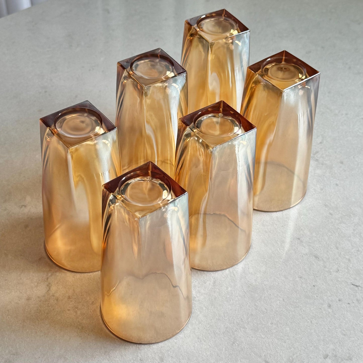 Vintage Jeannette Glass Iridescent Marigold Square Base Tumblers - Set of 6