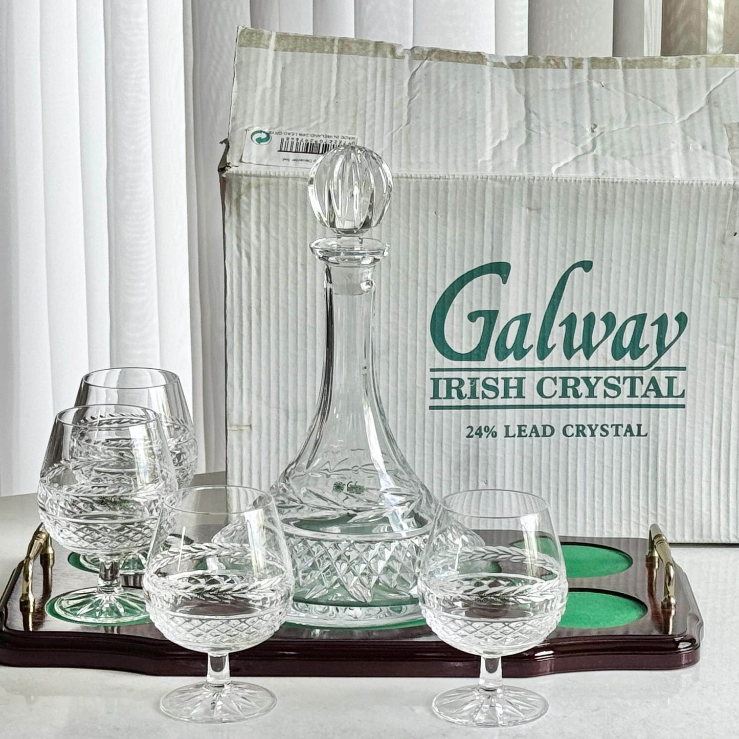 Vintage Galway Leah Irish Crystal Decanter with Four Glasses and Wood Tray