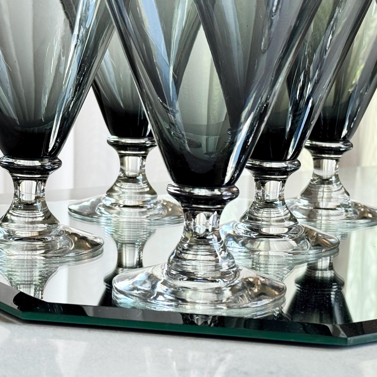 Vintage Seneca Charcoal Gray Glasses (Stem #1605) - Set of 10