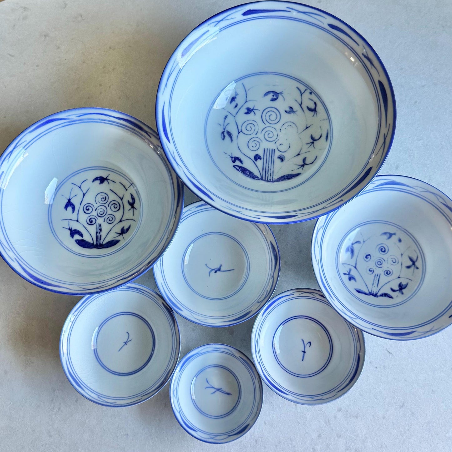 Vintage Blue and White Chinese Nesting Bowls - Set of 7