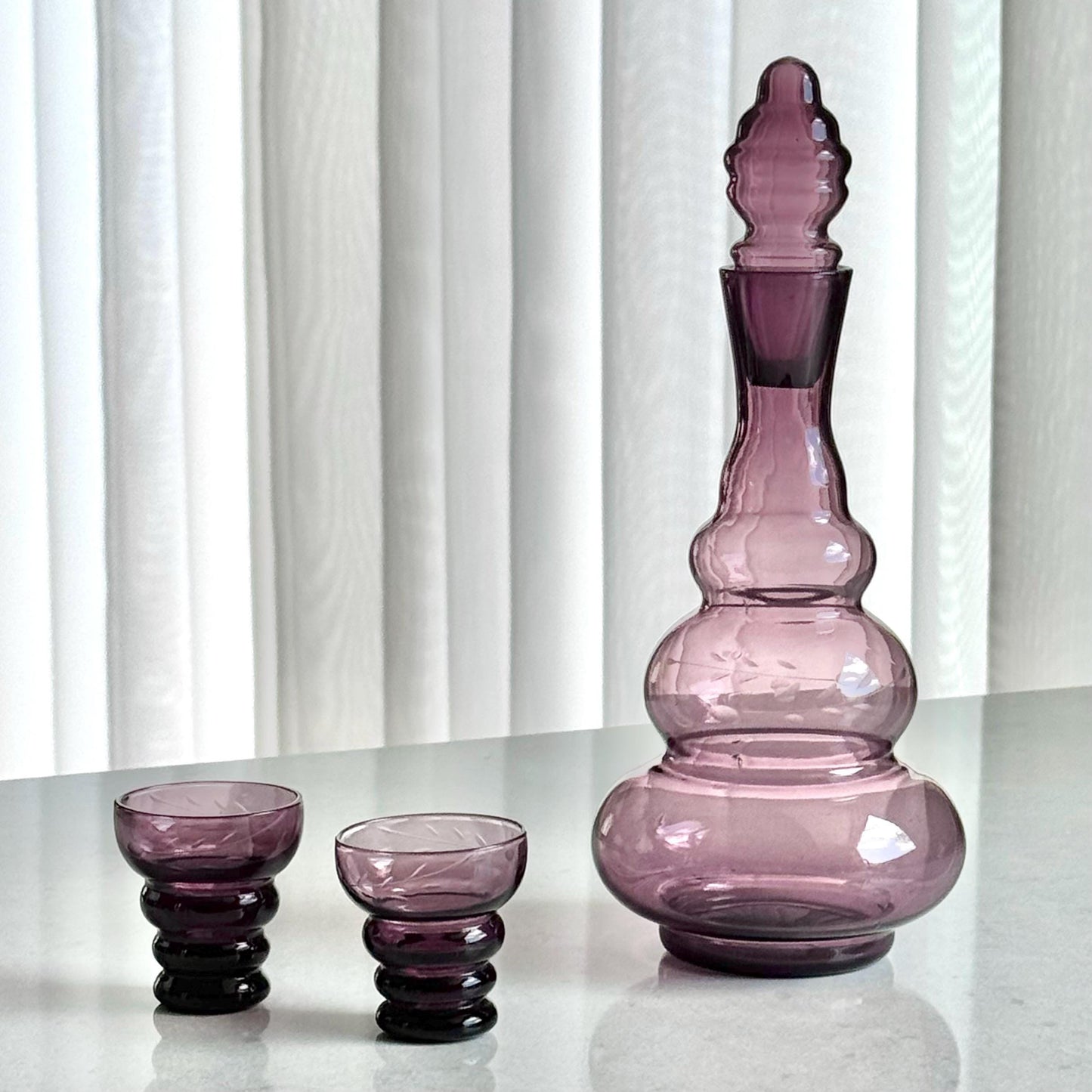 Vintage Amethyst Purple Decanter Set with Two Glasses