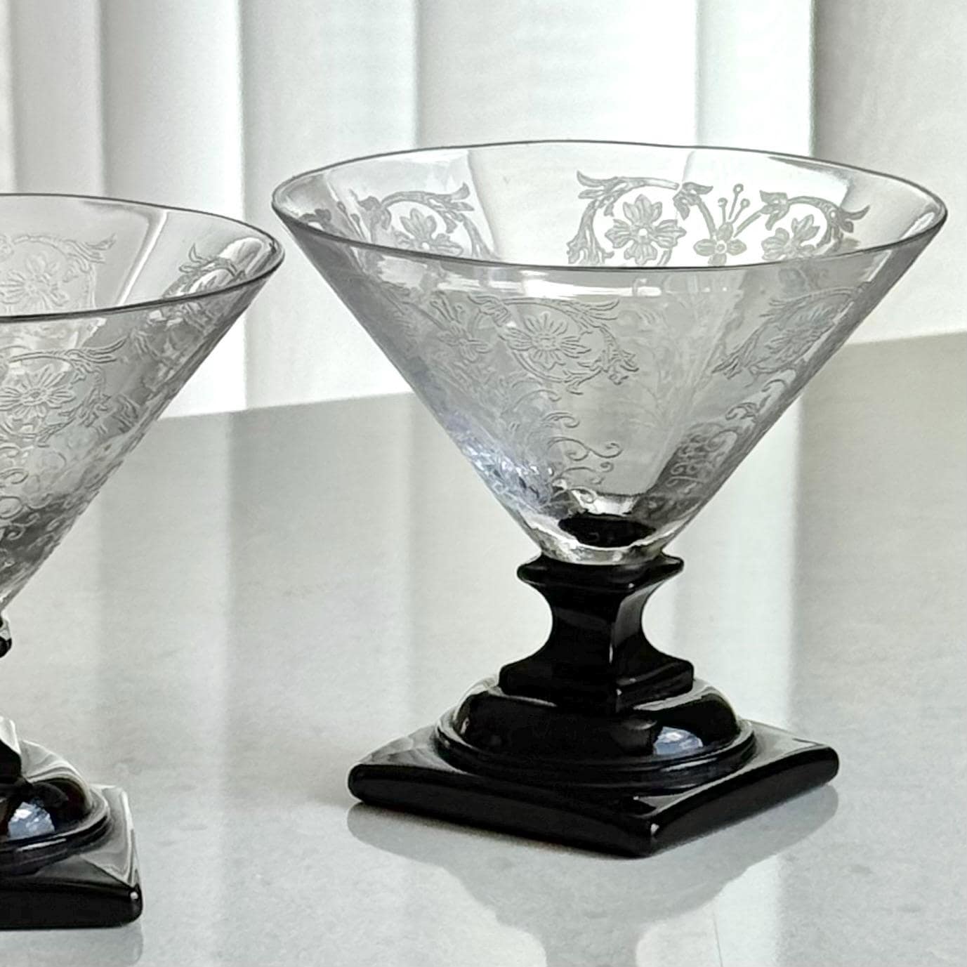 Vintage Glastonbury Lotus Etched Square Onyx Black Stem Glasses - Set of 2