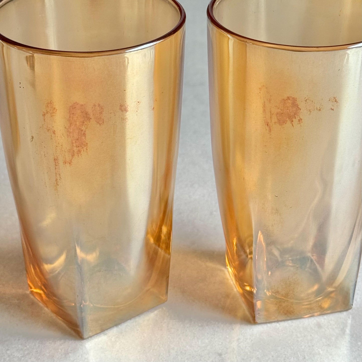 Vintage Jeannette Glass Iridescent Marigold Square Base Tumblers - Set of 6