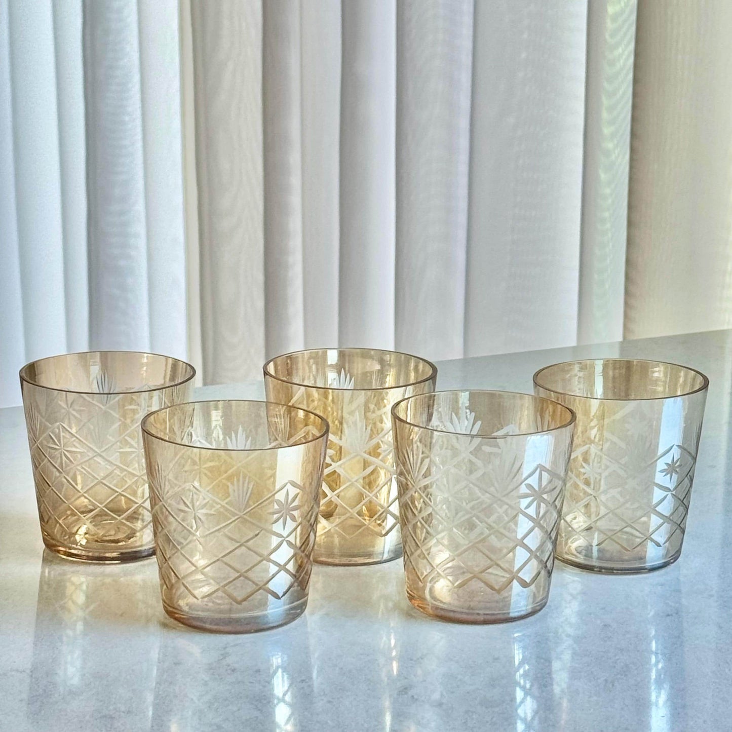 Vintage Cut to Clear Iridescent Gold Candle Holders - Set of 5