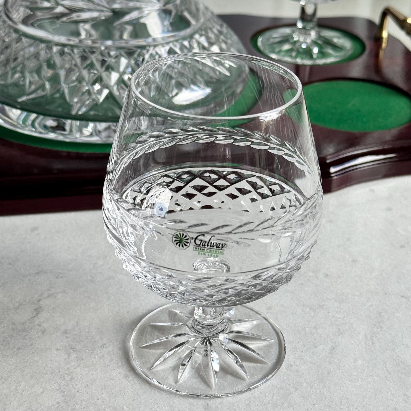Vintage Galway Leah Irish Crystal Decanter with Four Glasses and Wood Tray