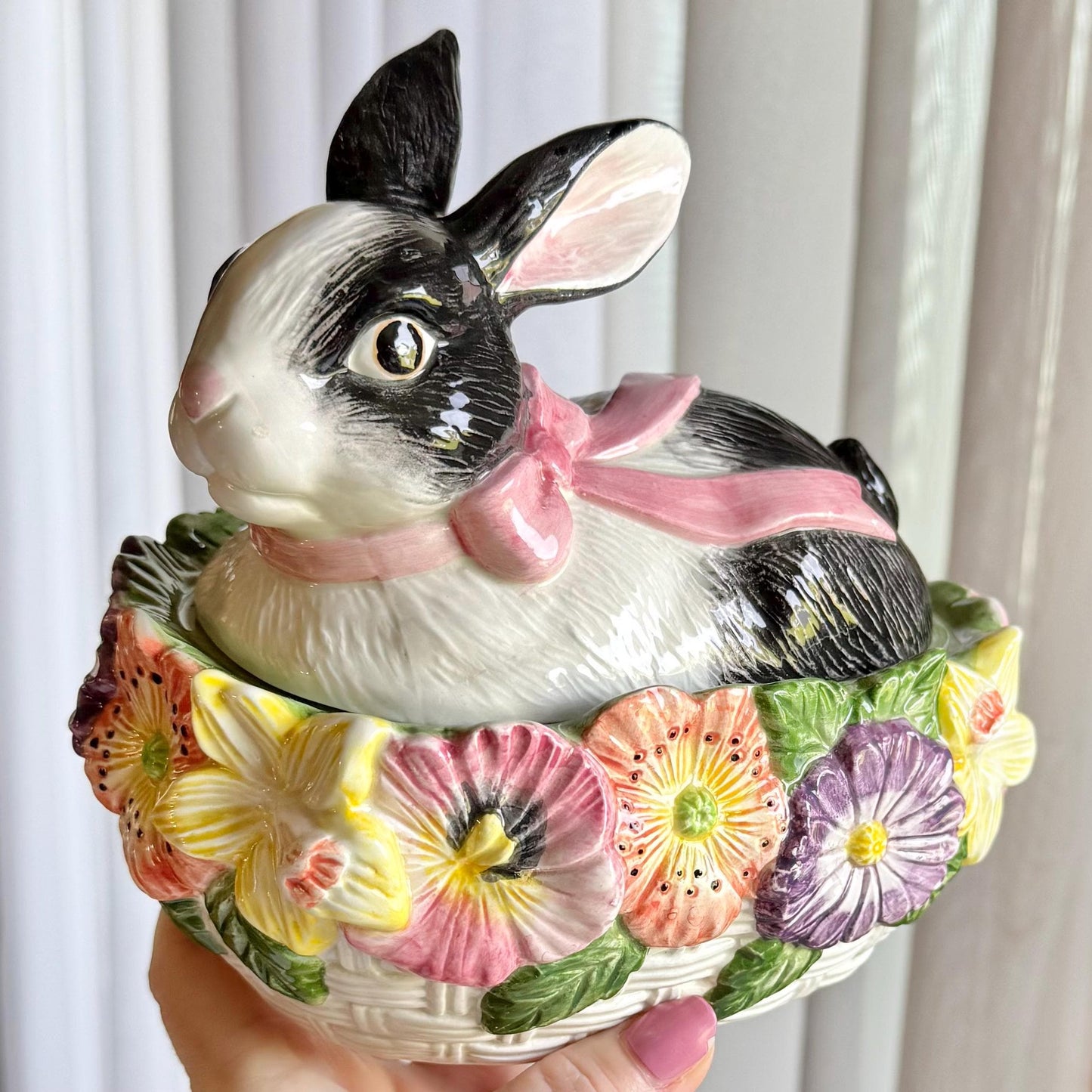 Vintage Fitz & Floyd Pansy Parade Bunny Rabbit Oval Box with Lid (circa 1995)