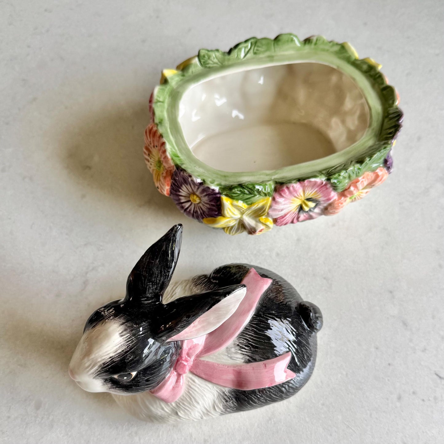 Vintage Fitz & Floyd Pansy Parade Bunny Rabbit Oval Box with Lid (circa 1995)