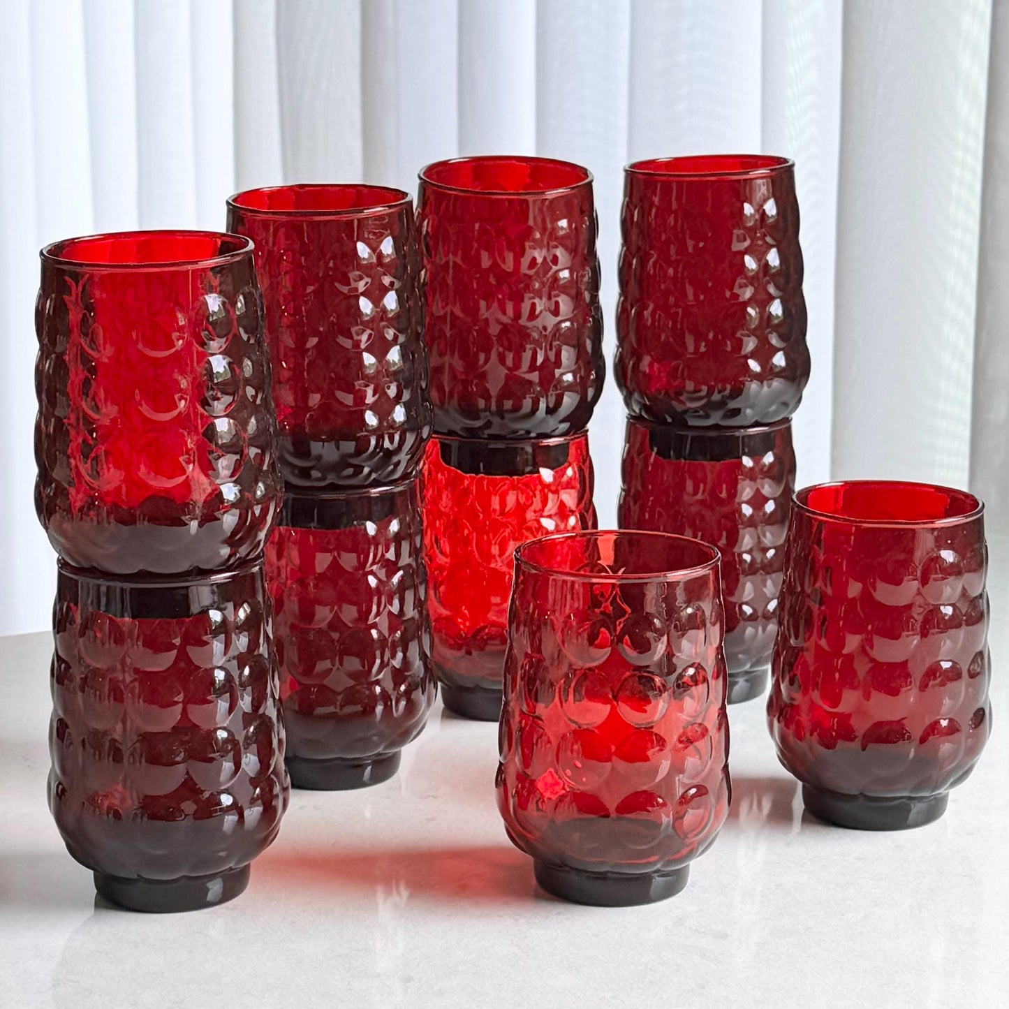 Vintage Anchor Hocking Ruby Red 12 Ounce Bubble Tumbler Glasses - Set of 10