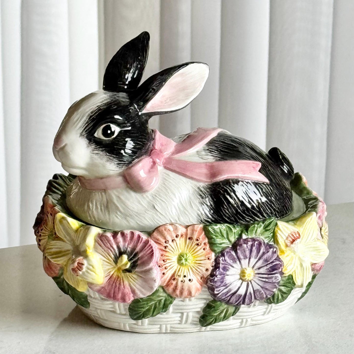 Vintage Fitz & Floyd Pansy Parade Bunny Rabbit Oval Box with Lid (circa 1995)