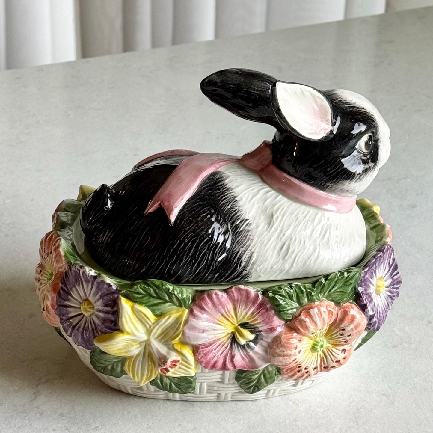 Vintage Fitz & Floyd Pansy Parade Bunny Rabbit Oval Box with Lid (circa 1995)