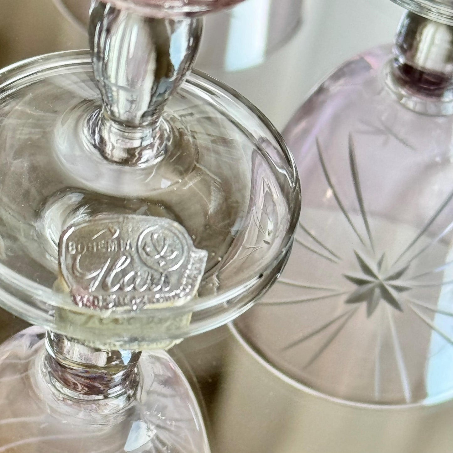 Vintage Lilac Purple Bohemia Glass Atomic Star Decanter with Stopper and 6 Glasses