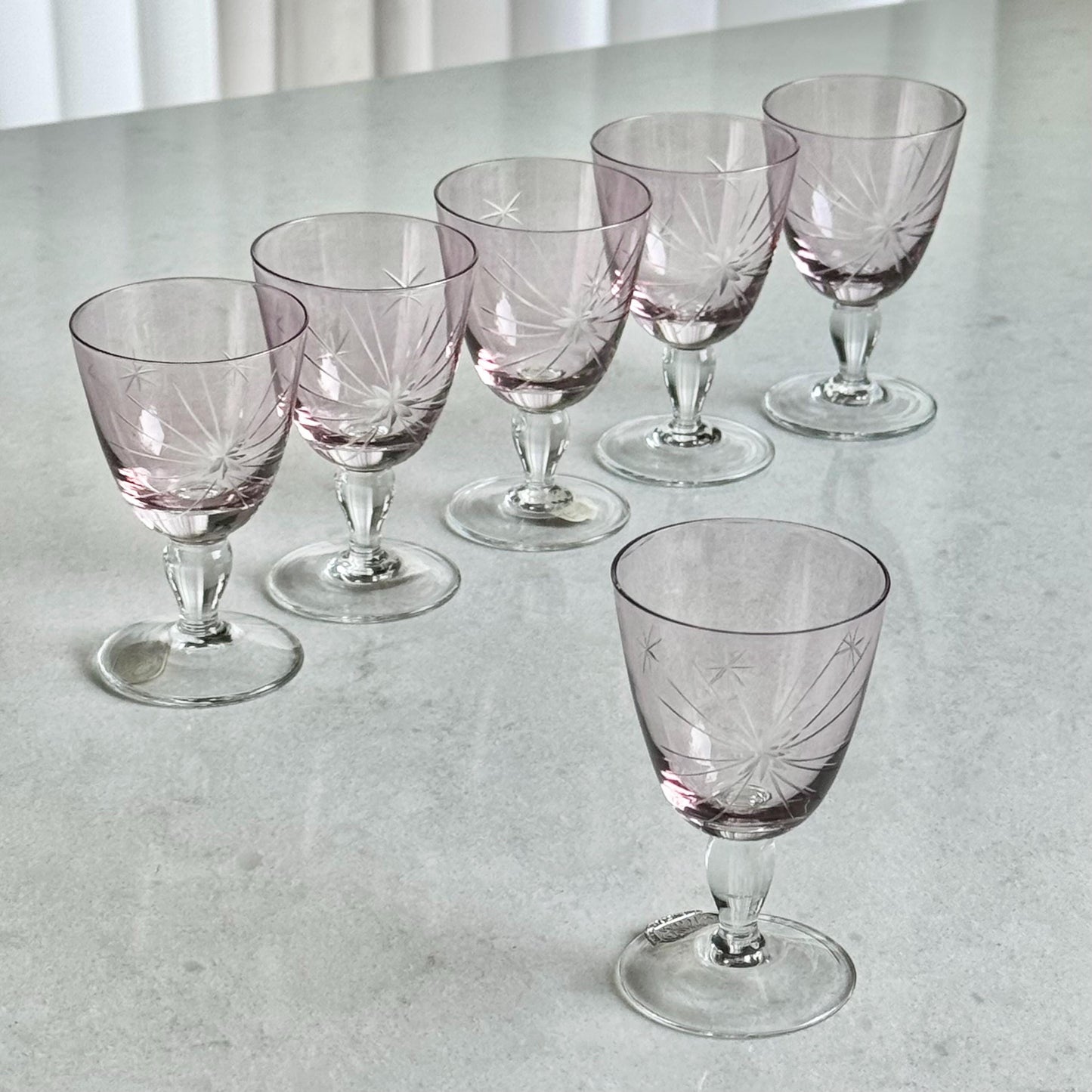 Vintage Lilac Purple Bohemia Glass Atomic Star Decanter with Stopper and 6 Glasses