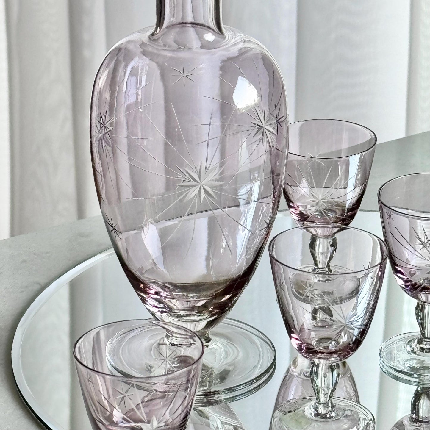 Vintage Lilac Purple Bohemia Glass Atomic Star Decanter with Stopper and 6 Glasses