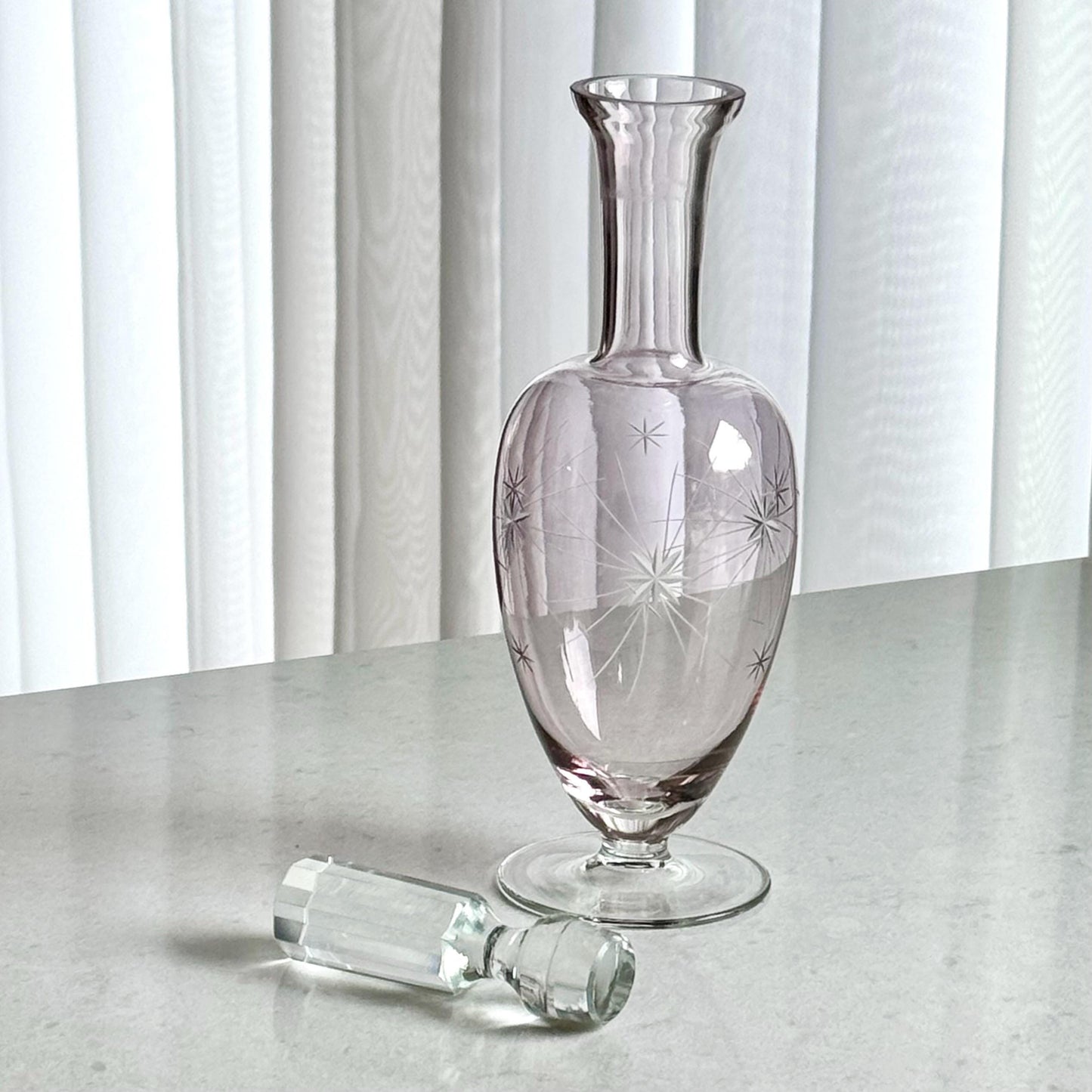 Vintage Lilac Purple Bohemia Glass Atomic Star Decanter with Stopper and 6 Glasses