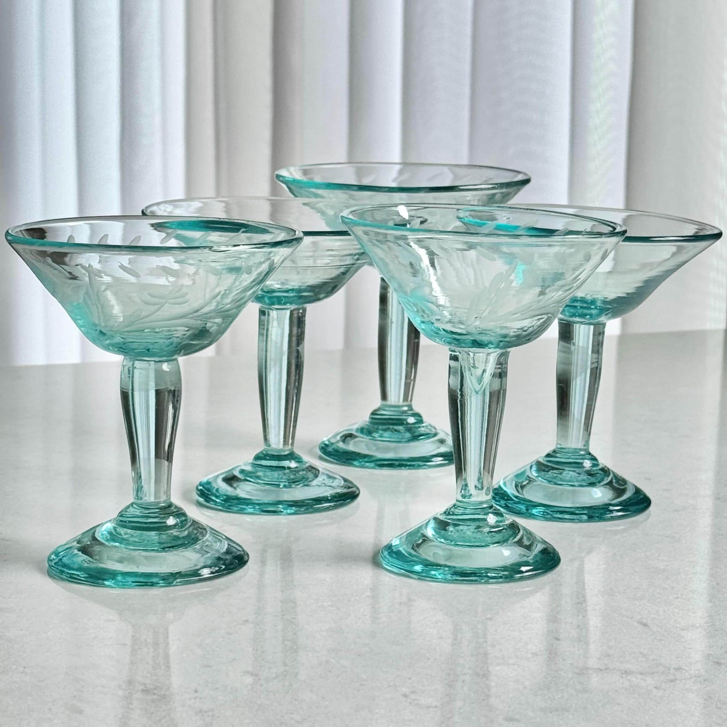 Vintage Hand Blown Bottle Green Glasses - Set of 5