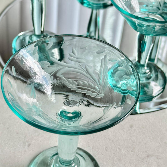 Vintage Hand Blown Bottle Green Glasses - Set of 5