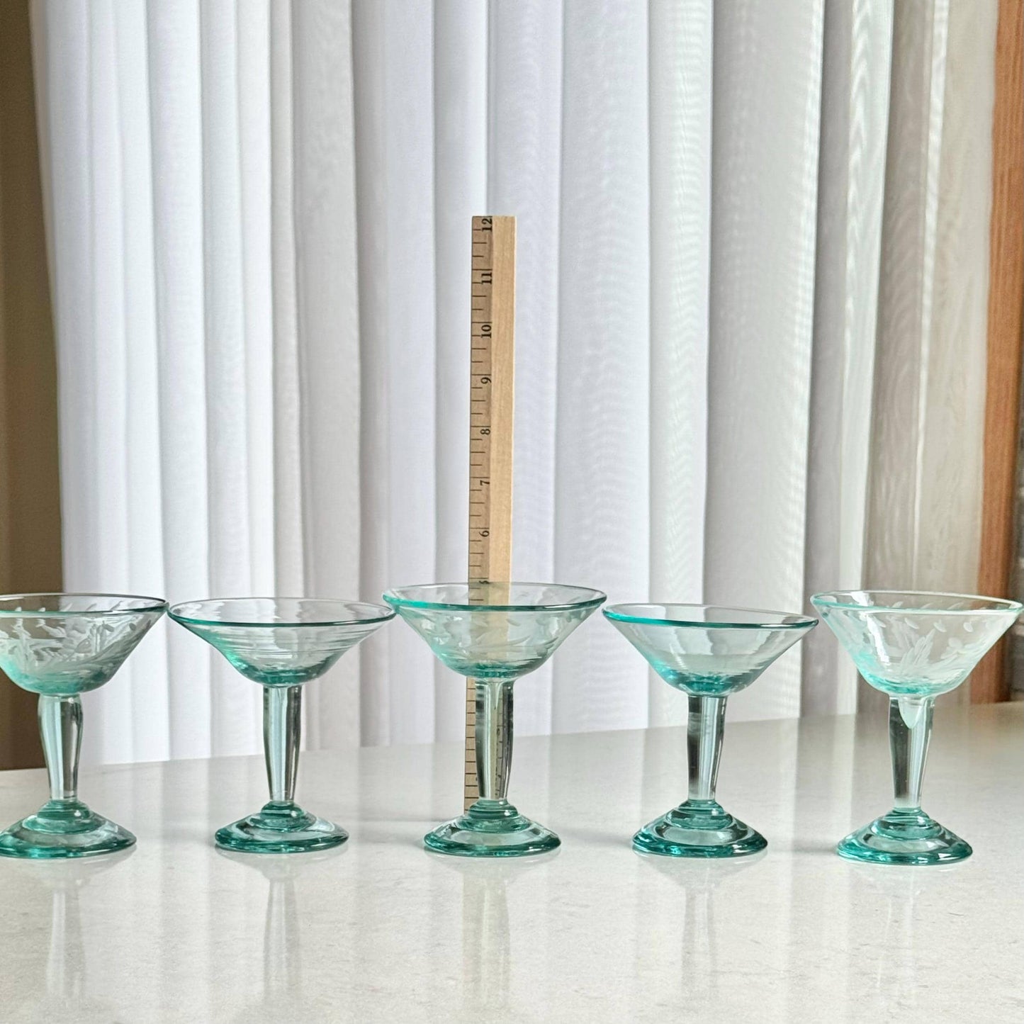 Vintage Hand Blown Bottle Green Glasses - Set of 5