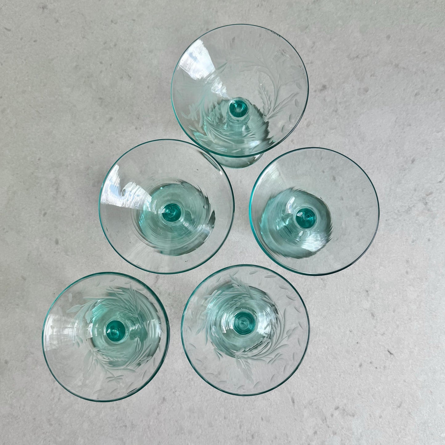 Vintage Hand Blown Bottle Green Glasses - Set of 5