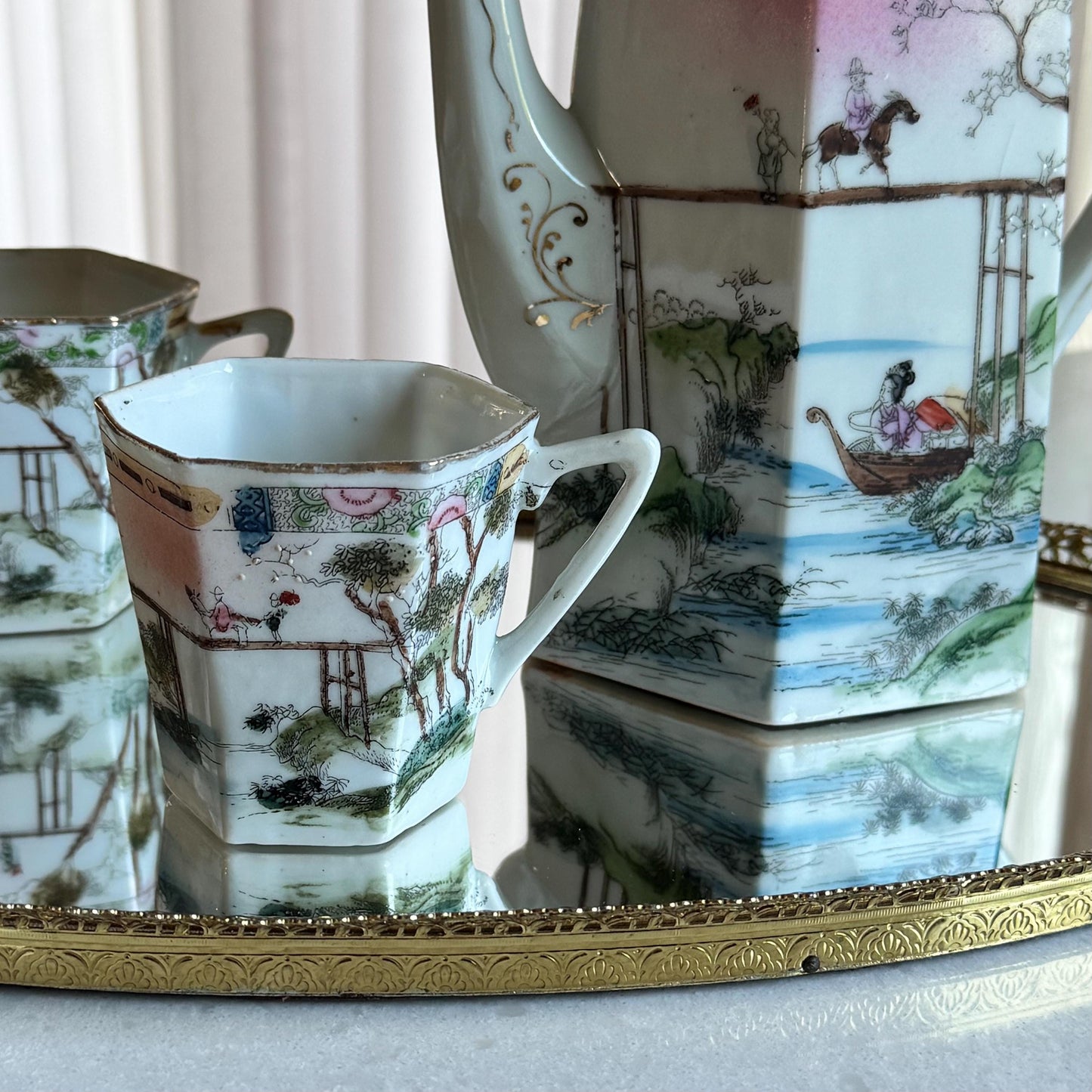 Antique Japanese Kutani Meiji Chocolate Pot with Lid and 4 Cups