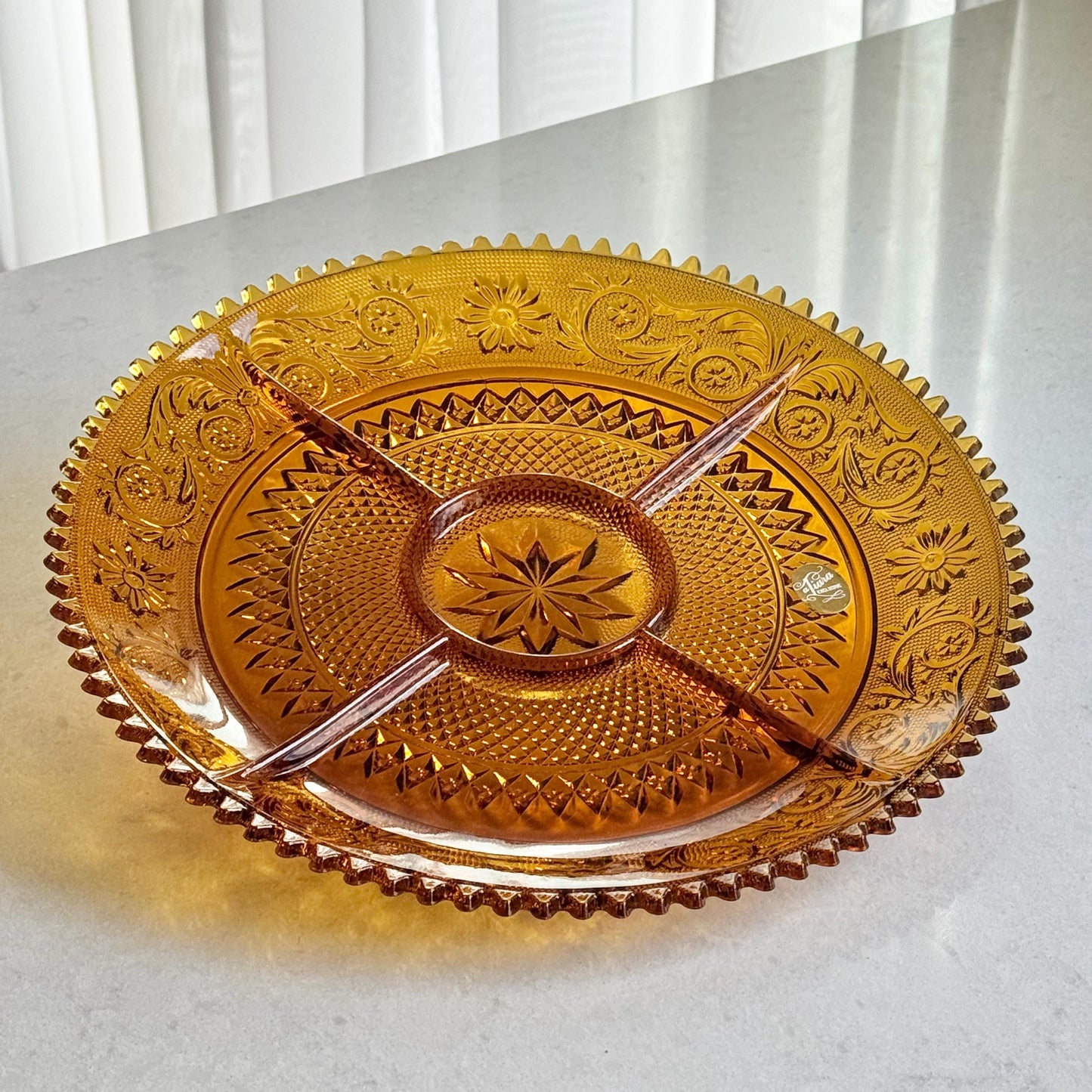 Vintage Indiana Glass Tiara Exclusive Amber Five-Part Divided Dish
