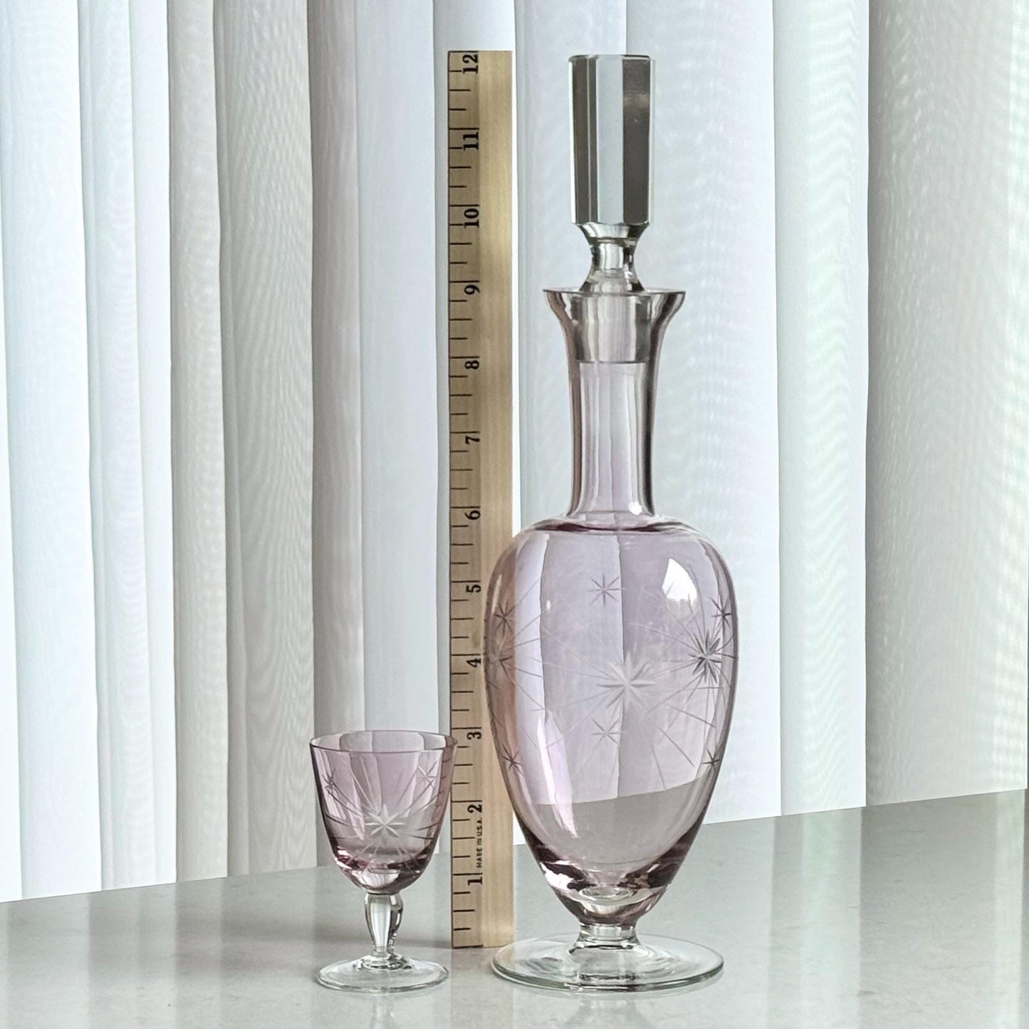 Vintage Lilac Purple Bohemia Glass Atomic Star Decanter with Stopper and 6 Glasses