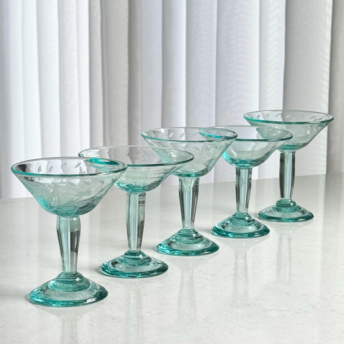 Vintage Hand Blown Bottle Green Glasses - Set of 5