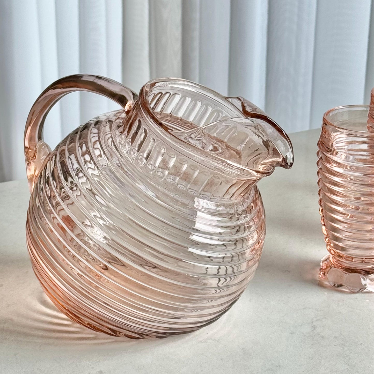 Vintage Anchor Hocking Manhattan Pink Pitcher and 6 Glasses (circa 1938 - 1943)