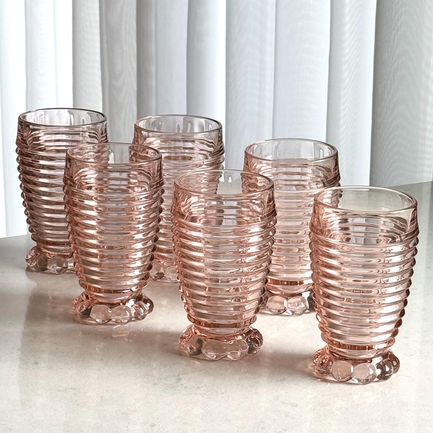Vintage Anchor Hocking Manhattan Pink Pitcher and 6 Glasses (circa 1938 - 1943)