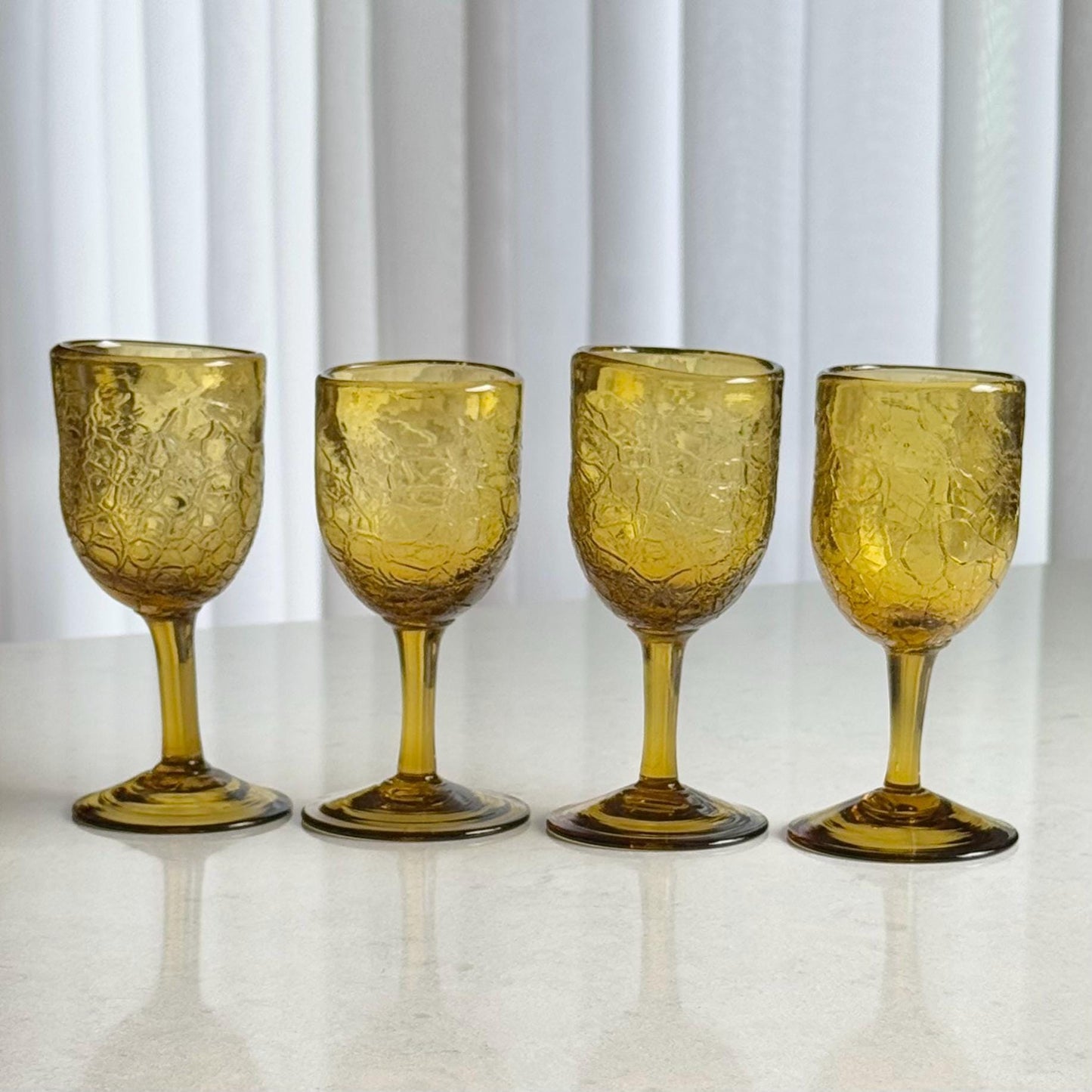 Vintage Amber Hand Blown Crackle Glass Liquor / Tasting Glasses - Set of 4