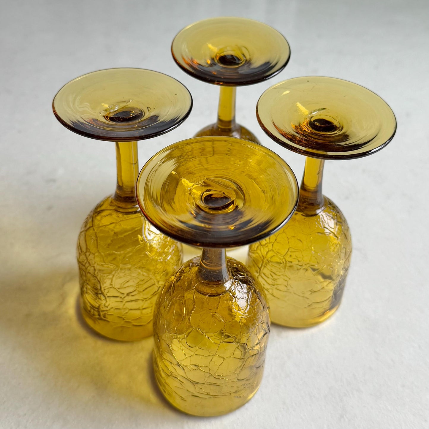 Vintage Amber Hand Blown Crackle Glass Liquor / Tasting Glasses - Set of 4