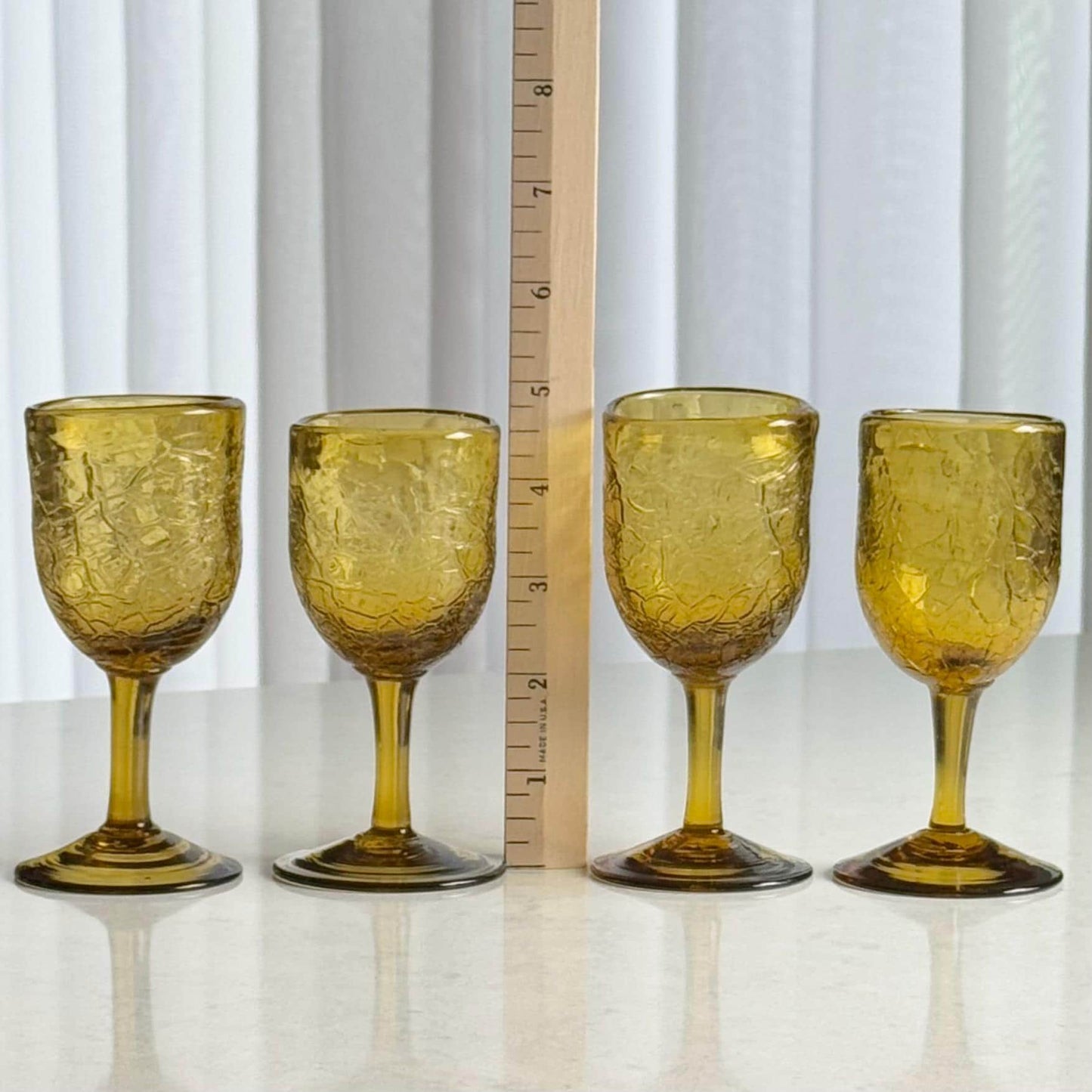 Vintage Amber Hand Blown Crackle Glass Liquor / Tasting Glasses - Set of 4