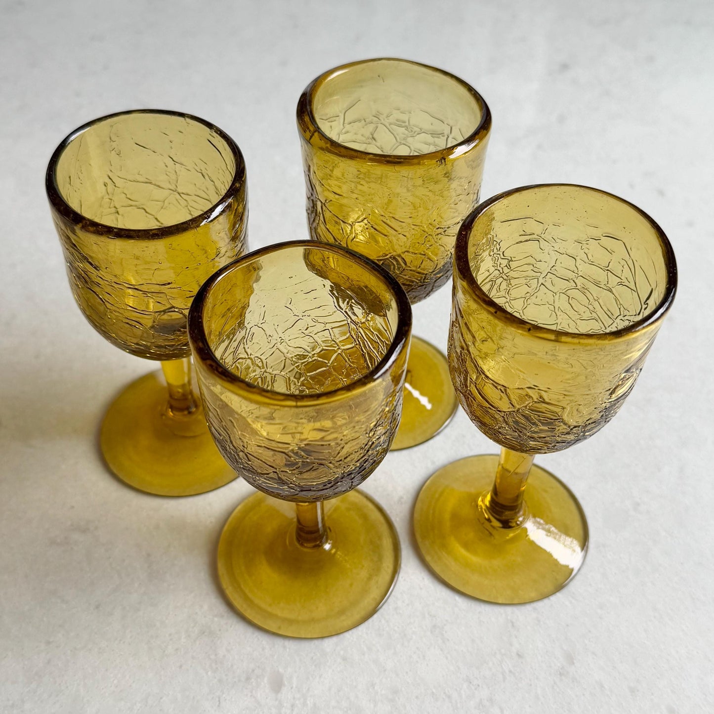 Vintage Amber Hand Blown Crackle Glass Liquor / Tasting Glasses - Set of 4